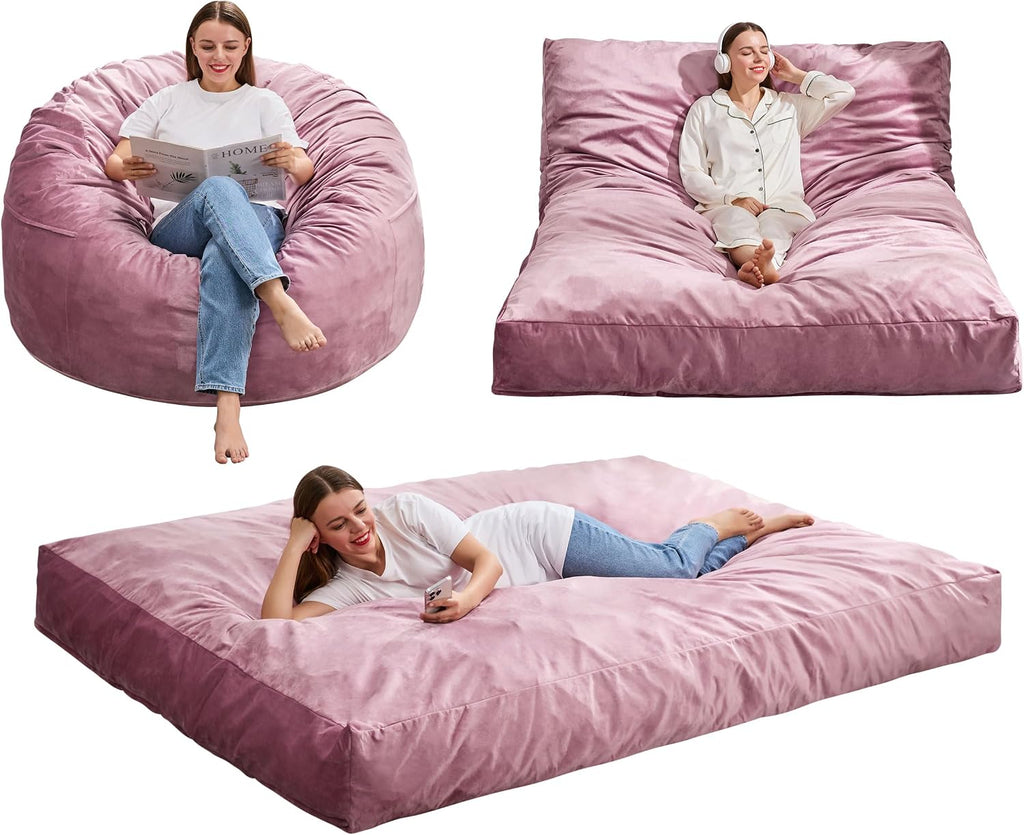 Hobestluk Giant Bean Bag Chair Bed for Adults, Large Bean Bags with High-Density Foam Filling, Convertible Big Sofa Bed Couch for Living Room, Bedroom, Playroom (Pink, Full)