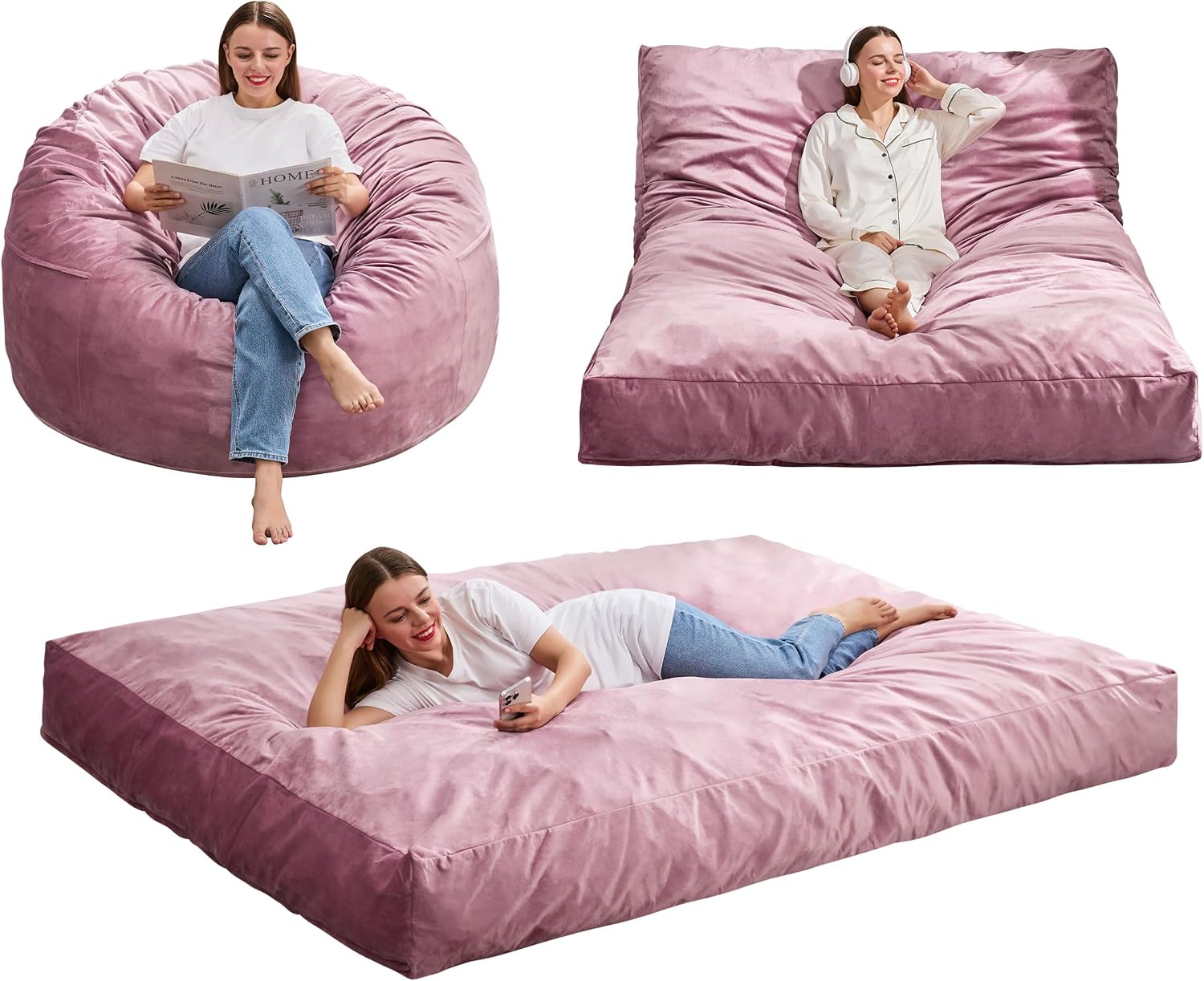 Hobestluk Giant Bean Bag Chair Bed for Adults, Large Bean Bags with High-Density Foam Filling, Convertible Big Sofa Bed Couch for Living Room, Bedroom, Playroom (Pink, Full)