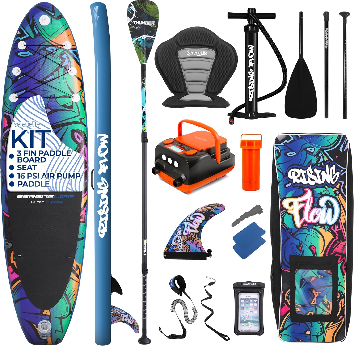 SereneLife Inflatable Stand Up Paddle Board Set - SUP with 32' Wide Stable Design, Includes Detachable Seat, 3-Shaft Paddle, Electric Paddle Board Pump, Non-Slip EVA Deck - 350 lbs Capacity