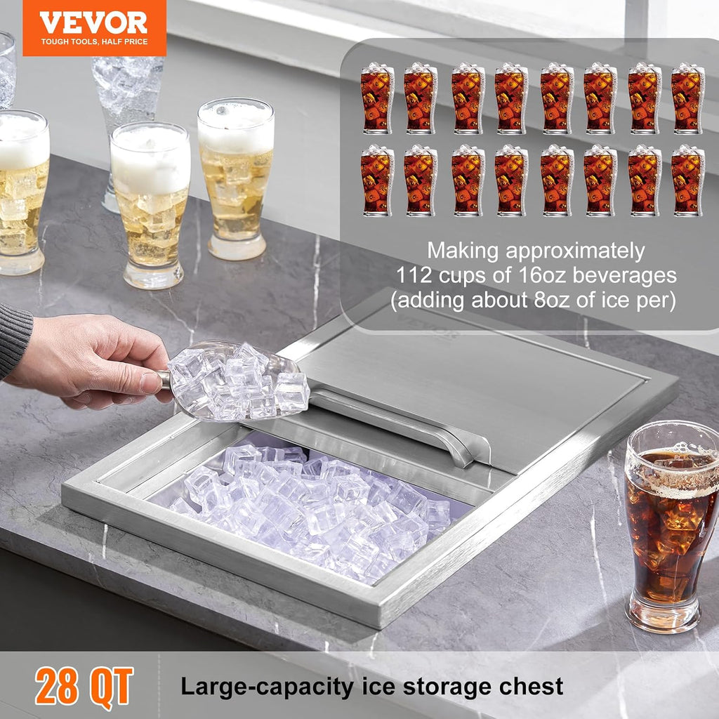 VEVOR Drop in Ice Chest, 18'L x 12'W x 14.5'H Stainless Steel Ice Cooler, Commercial Ice Bin with Sliding Cover, 40.9 qt Outdoor Kitchen Ice Bar, Drain-pipe and Drain Plug Included, for Cold Wine Beer