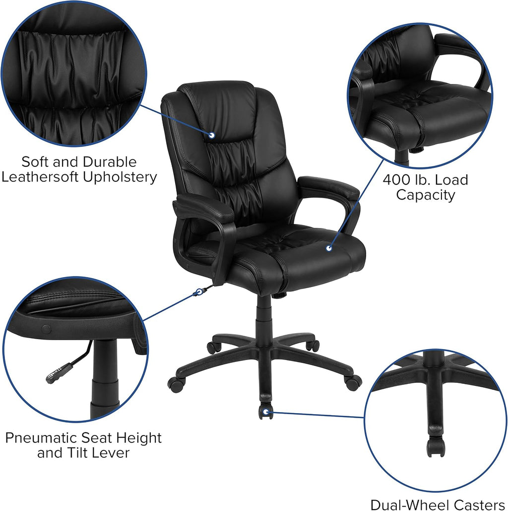 Flash Furniture Fundamentals Big & Tall Swivel LeatherSoft Office and Gaming Chair, Ergonomic Office Chair with Padded Armrests and Adjustable Height, Black