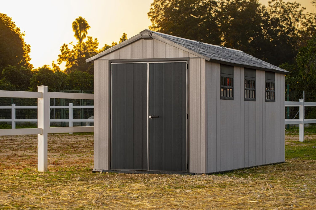 Keter Oakland Extension 7.5x15 Ft All-Weather Storage Shed with Skylight, Window, Built-in Ventilation, Customizable Walls, & Lockable Double Doors, Grey