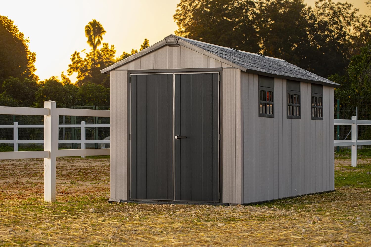 Keter Oakland Extension 7.5x15 Ft All-Weather Storage Shed with Skylight, Window, Built-in Ventilation, Customizable Walls, & Lockable Double Doors, Grey