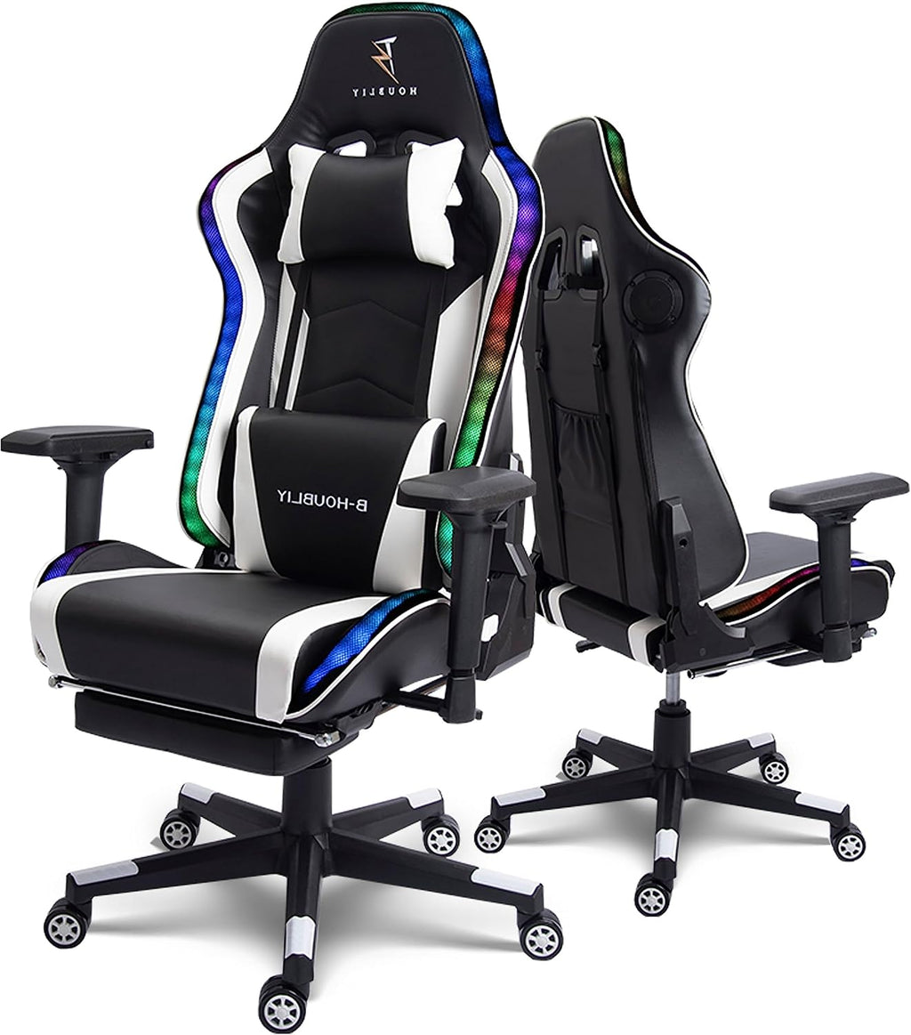 LED Gaming Chair,Massage Gaming Chair with Speakers,Ergonomic Video Game Chairs,PU Leather Swivel Chair with Lumbar Support, Adults Teens Computer Chair.,White