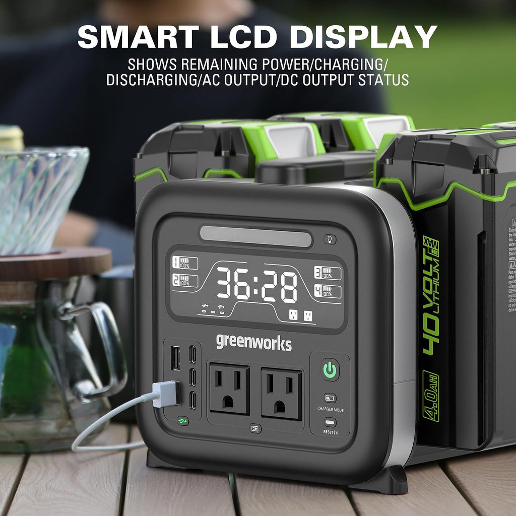 Greenworks 40V 500W Portable Power Station, 4-Slot Inverter, 2 AC Outlets, 5 USB Ports, Smart APP Control Power Generator, Outdoor Backup Power Supply (POWER 75+TOOLS, BATTERY SOLD SEPARATELY),Black