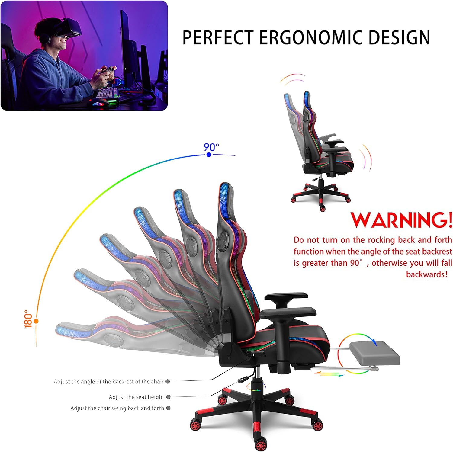 Ergonomic Gaming Chair with Full Massage Lumbar Support, Video Gaming Chair with Speaker and LED Light, with Footrest, 90°-180° Tilt Comfortable Adult Gaming Chair.,Red