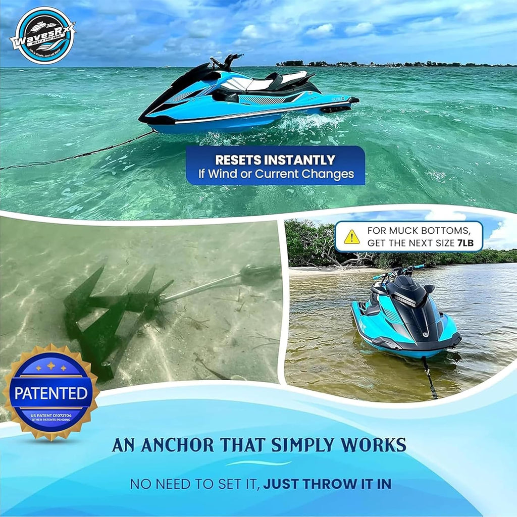 WAVESRX TriAnchor - Stainless Steel Folding PWC & Boat Anchor | Sets Instantly for Effortless Boat & Jet Ski Anchoring | Compact Patent-Pending Design Grips Better Than Plow, Fluke or Box Anchor