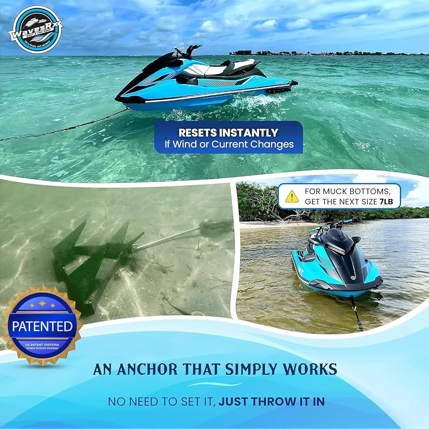 WAVESRX TriAnchor - Stainless Steel Folding PWC & Boat Anchor | Sets Instantly for Effortless Boat & Jet Ski Anchoring | Compact Patent-Pending Design Grips Better Than Plow, Fluke or Box Anchor