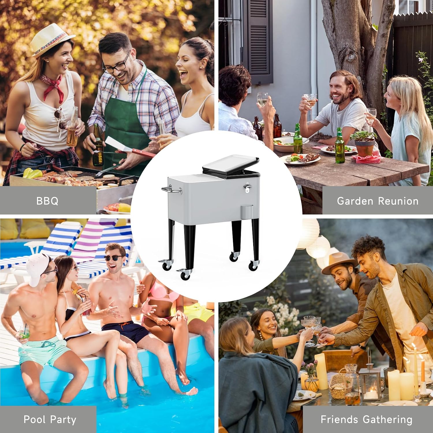 Ice Chest with Wheels, 60 Quart Portable Rolling Cooler with Bottle Opener & Cap Collector & Bottom Storage Tray for Patio Party & BBQ & Beach Activities