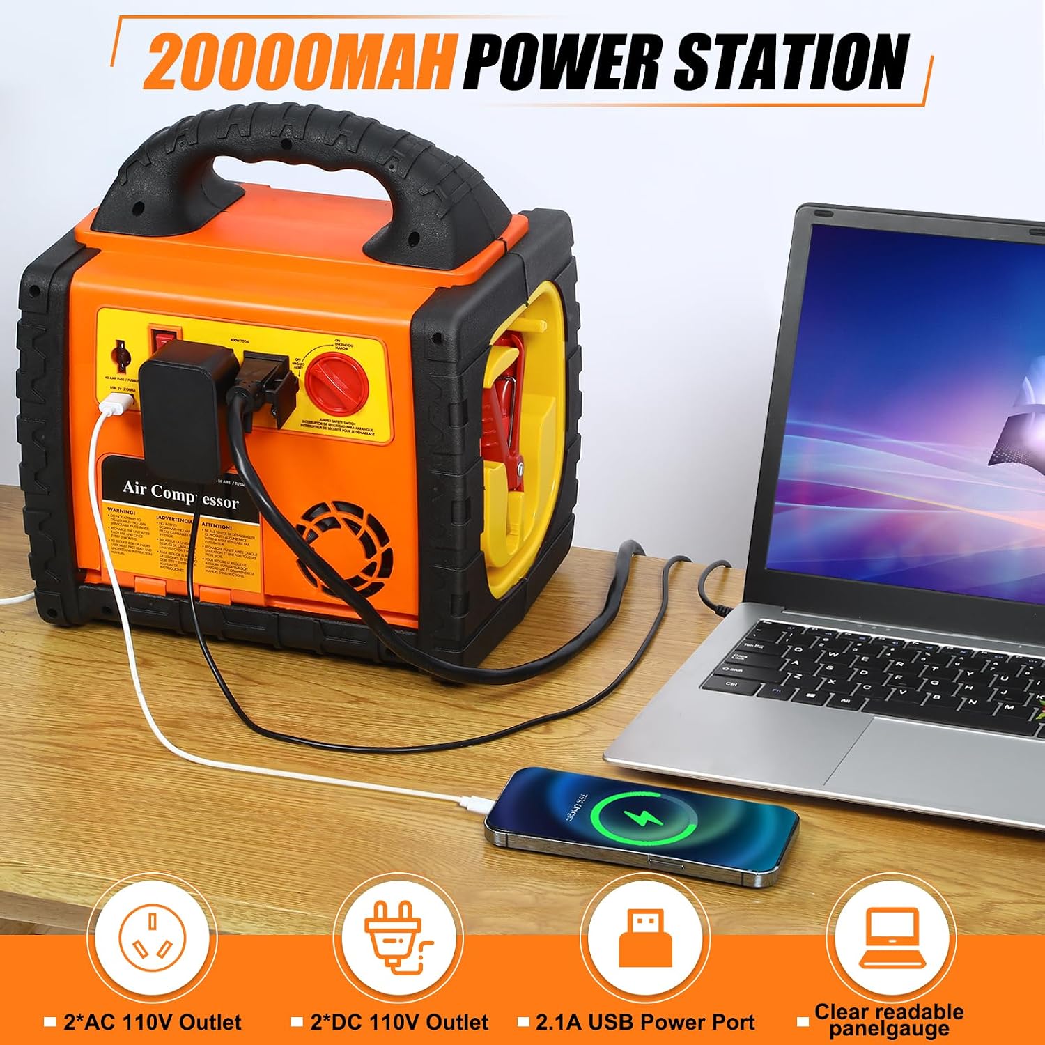 2200A Car Jump Starter with Air Compressor 150PSI,12V Portable Battery Jump Box (8.5L Gas/8L Diesel), Battery Booster with 400W Power Station AC/DC/USB