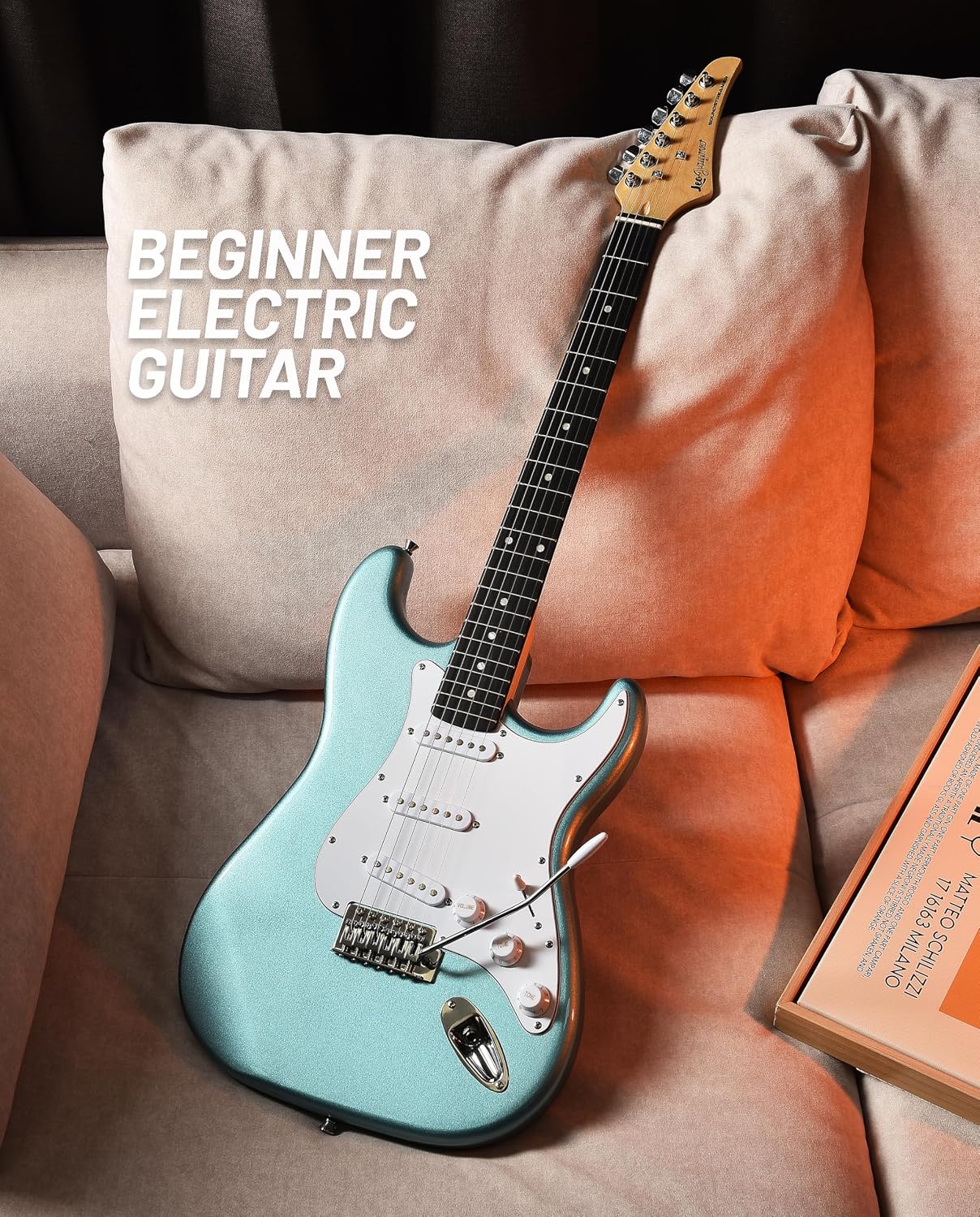 Leo Jaymz Beginner Electric Guitar Complete Kit with Portable Amp, Padded Gig Bag & Full Accessories, Maple Neck SSS Pickups (Cyan)