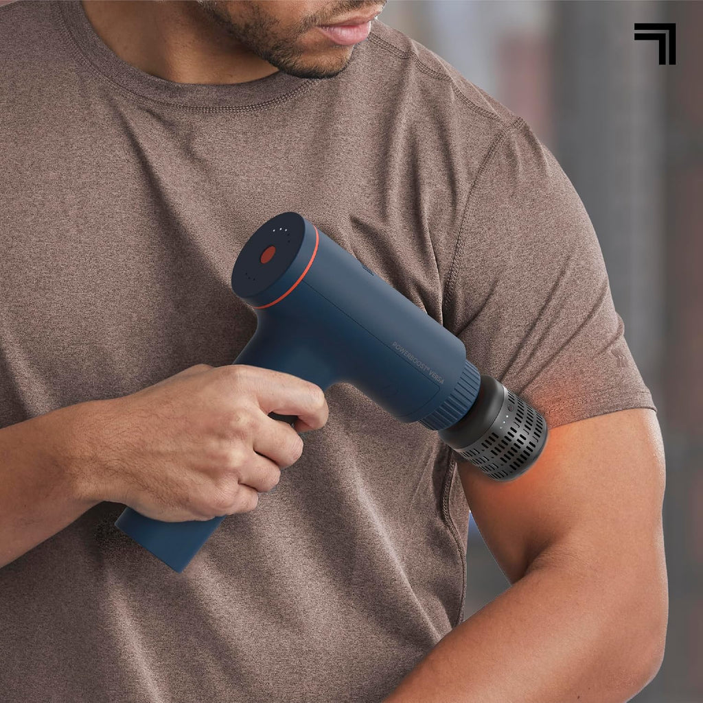 Sharper Image Deep Tissue Percussion Massage Gun, Powerboost Versa Hot & Cold Rechargeable Handheld Massager, 5 Adjustable Speeds, 6 Attachment Heads & Carrying Case, for Muscle Pain Relief, Blue