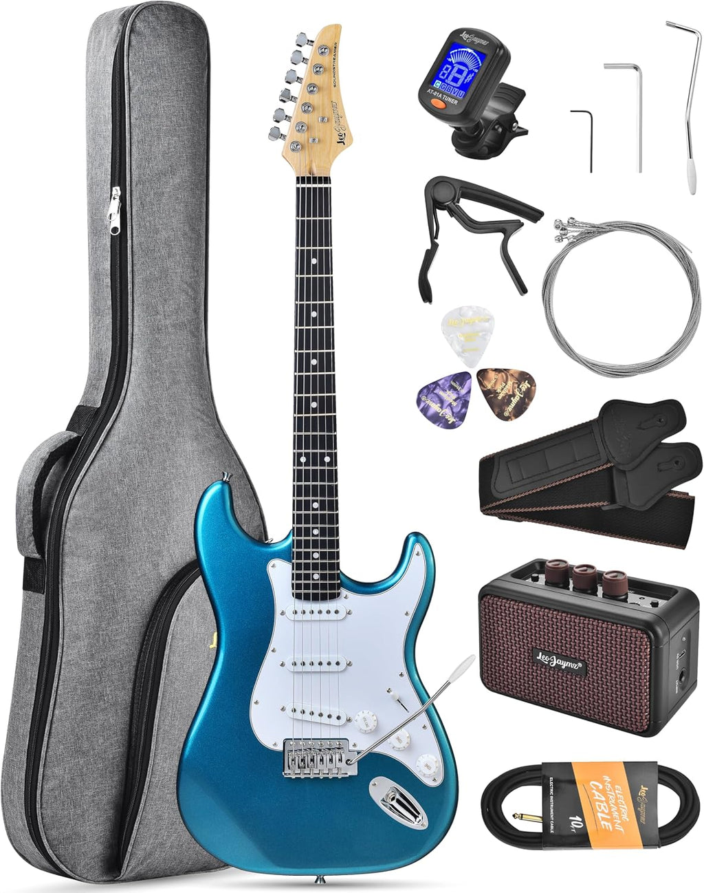 Leo Jaymz Beginner Electric Guitar Complete Kit with Portable Amp, Padded Gig Bag & Full Accessories, Maple Neck SSS Pickups(Blue)