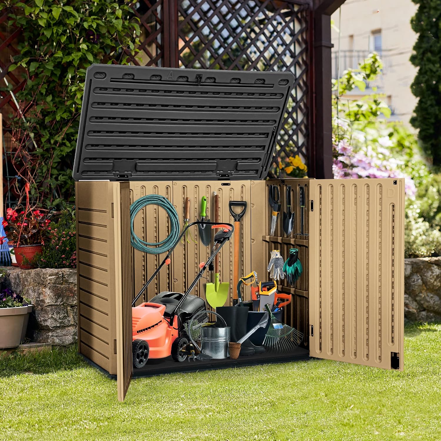 YITAHOME and Suncast Outdoor Storage Shed Bundle - 35 and 54 Cubic Foot Brown Resin Sheds
