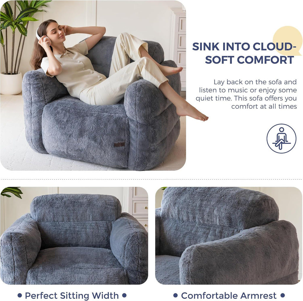 MAXYOYO Giant Bean Bag Chair for Adults, Ultra Soft Fluffy Bean Bag Sofa, Oversized Floor Sofa for Living Room Bedroom, Cozy Reading Chair with Filler, Dark Grey