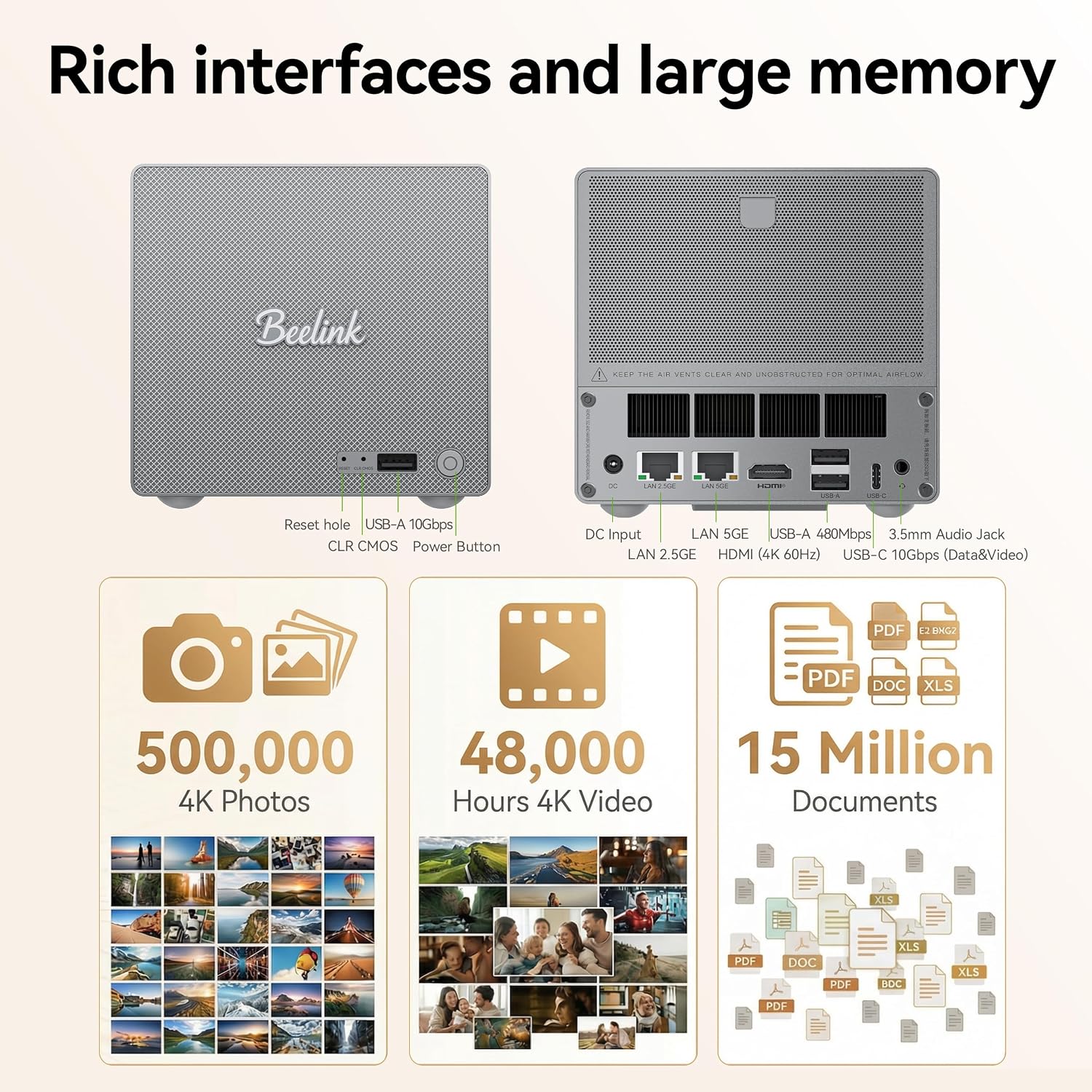 Beelink Mini PC, ME Pro 2-Bay NAS, Intel N95 CPU,12GB LPDDR5, 128G SSD, 3×M.2 SSD Slots, 2×2.5/3.5'Drive Bays, 2.5G+5G Dual LAN/Support Link Aggregation/ 4K Dual Display/WiFi6/BT5.4, Home Media/Studio
