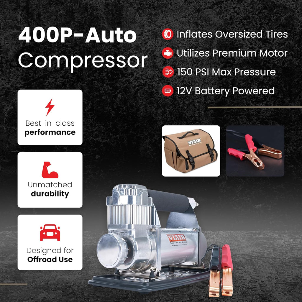 VIAIR 400P - 40045, Automatic Function Portable Compressor Kit, Tire Pump, Truck/SUV Tire Inflator, Silver, For up to 35 Inch Tires