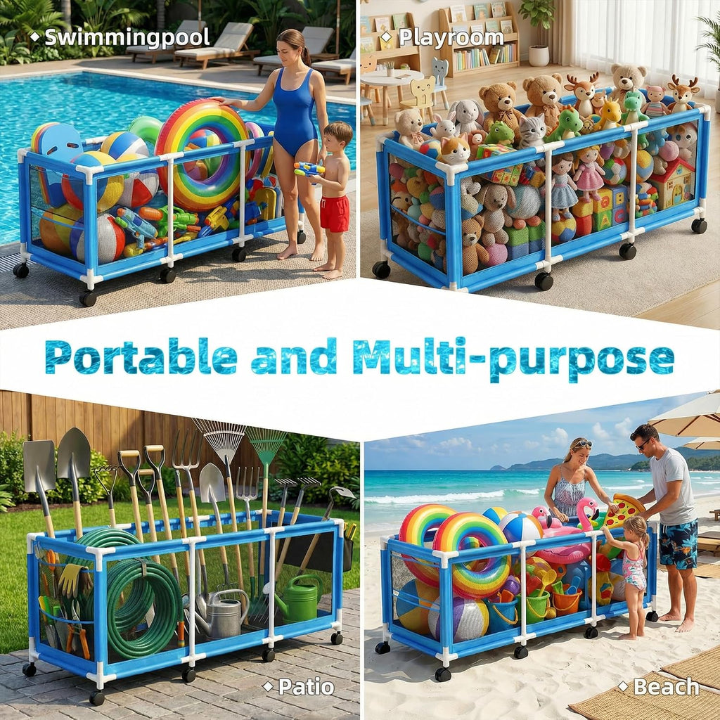 Jotesnew 365 Gallon 103' Pool Storage Bin XXXL Extra Large Swimming Pool Float Storage Bin, Pool Noodles Holder, Toys, Floats and Balls Mesh Rolling Storage Organizer Bin, 103' Lx32 Wx35 H (Blue)