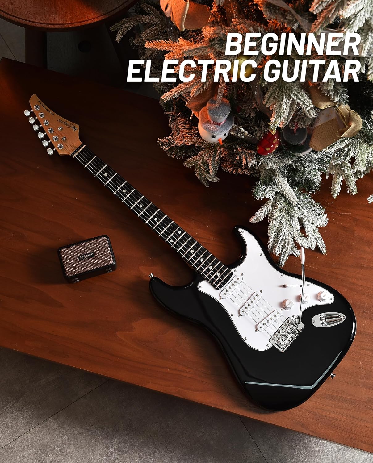 Leo Jaymz Beginner Electric Guitar Complete Kit with Portable Amp, Padded Gig Bag & Full Accessories, Maple Neck SSS Pickups(Black)
