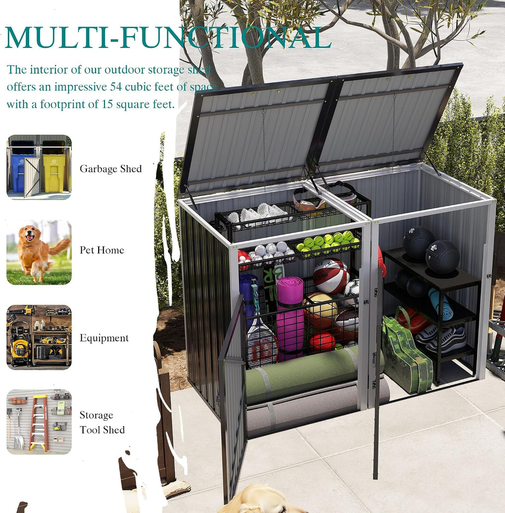 Garbage Bin Shed Stores 2 Trash Cans Metal Outdoor Bin Shed for Garbage Storage,54 Cubic feet of Space,Stainless Galvanized Steel, Bin Shed for Garden Yard Lawn,Grey