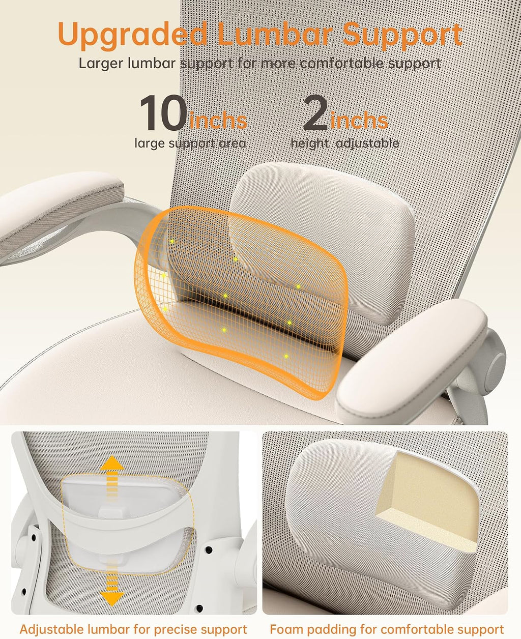 MUXX.STIL Office Chair, PU Leather Ergonomic Desk Chair with Adjustable Lumbar Support and Flip up Armrest, Breathable Mesh Computer Chair for Home Office, Khaki