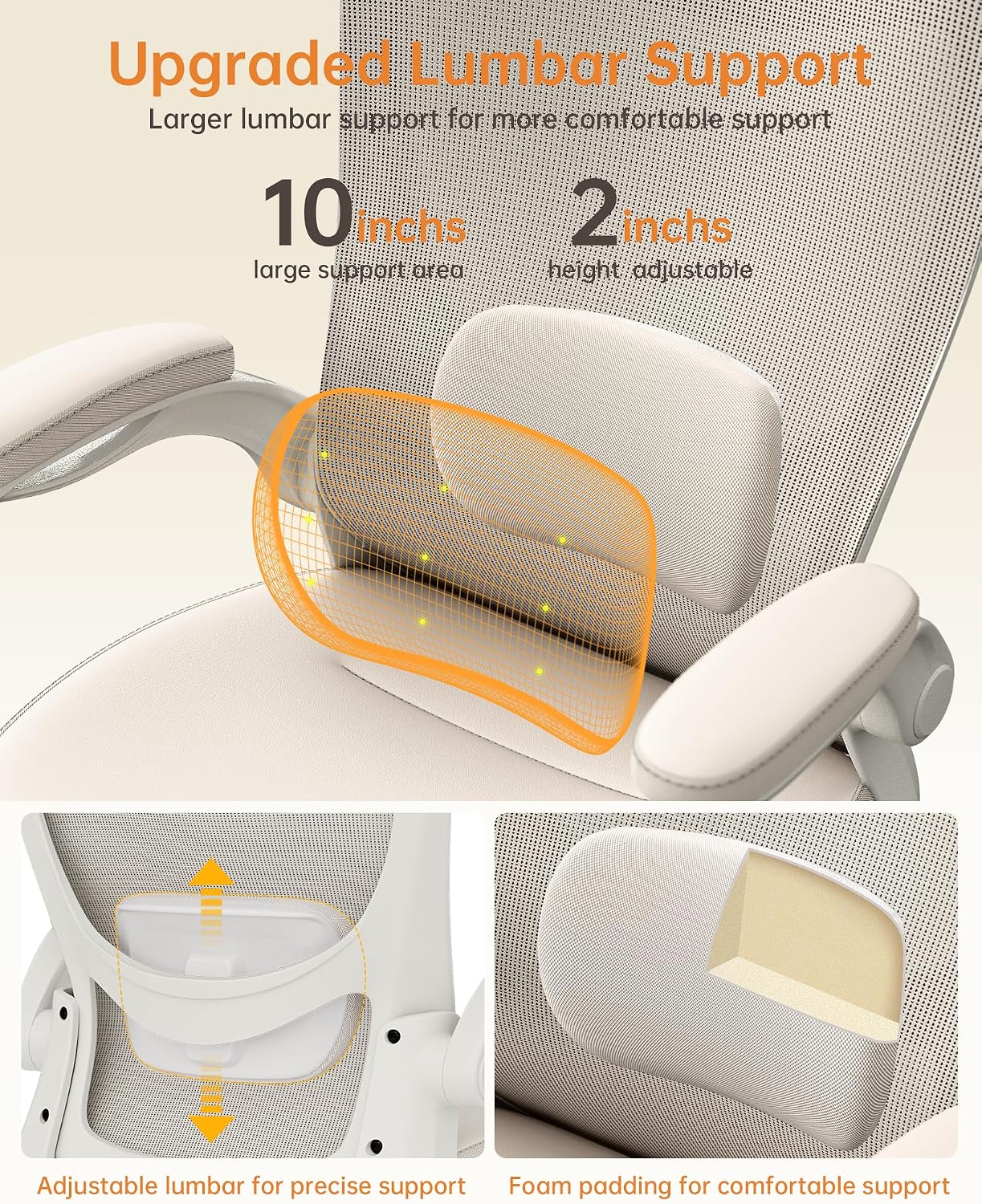 MUXX.STIL Office Chair, PU Leather Ergonomic Desk Chair with Adjustable Lumbar Support and Flip up Armrest, Breathable Mesh Computer Chair for Home Office, Khaki