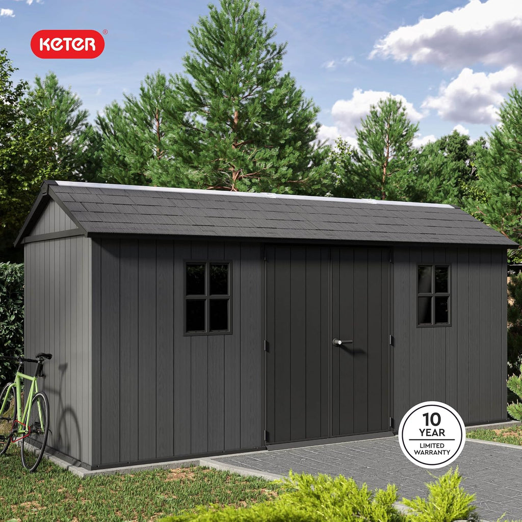 Keter Newton Plus 7.5x15 Ft All-Weather Storage Shed with Skylight, Window, Built-in Ventilation, Customizable Walls, & Lockable Double Doors, Graphite