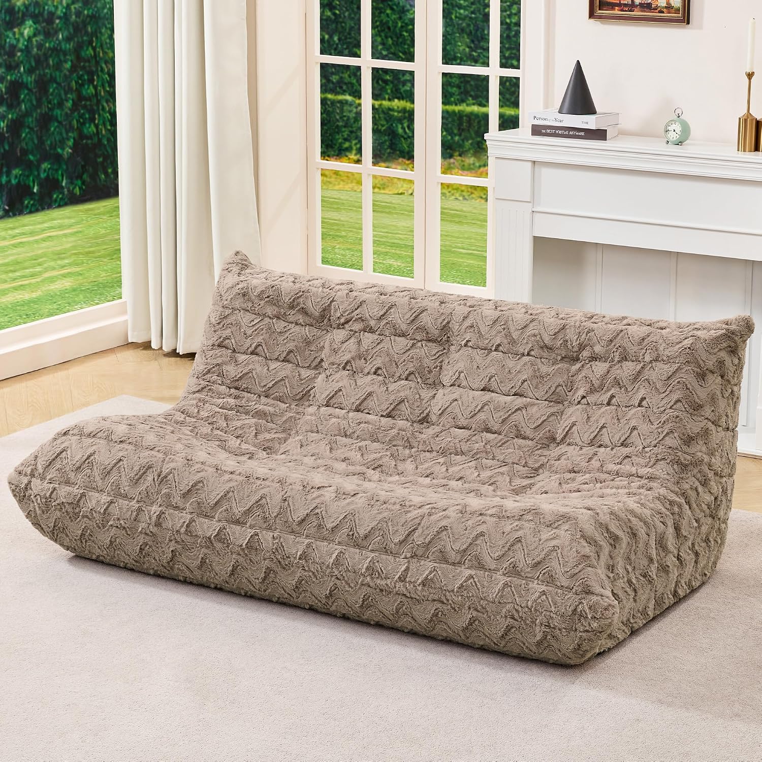 Bean Bag Chairs for Adults Giant Bean Bag Chair Memory Foam BeanBag Chair Bean Bag Sofa with Filler Faux Fur Fireside Beanbags Lazy Sofa for Living Room Bedroom Office (Brown Chevron, 3-Seater)