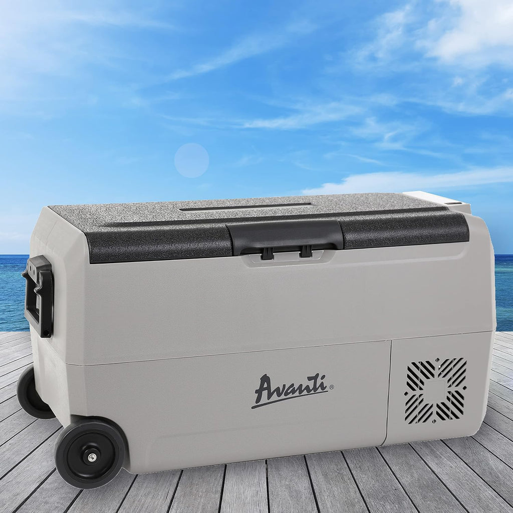 Avanti Cooler Portable Refrigerator and Freezer Travel Fridge with 36 Liter Capacity, Adjustable Zone Separation, Easy-Pull Rolling Design, LED Lights, AC/DC, Gray