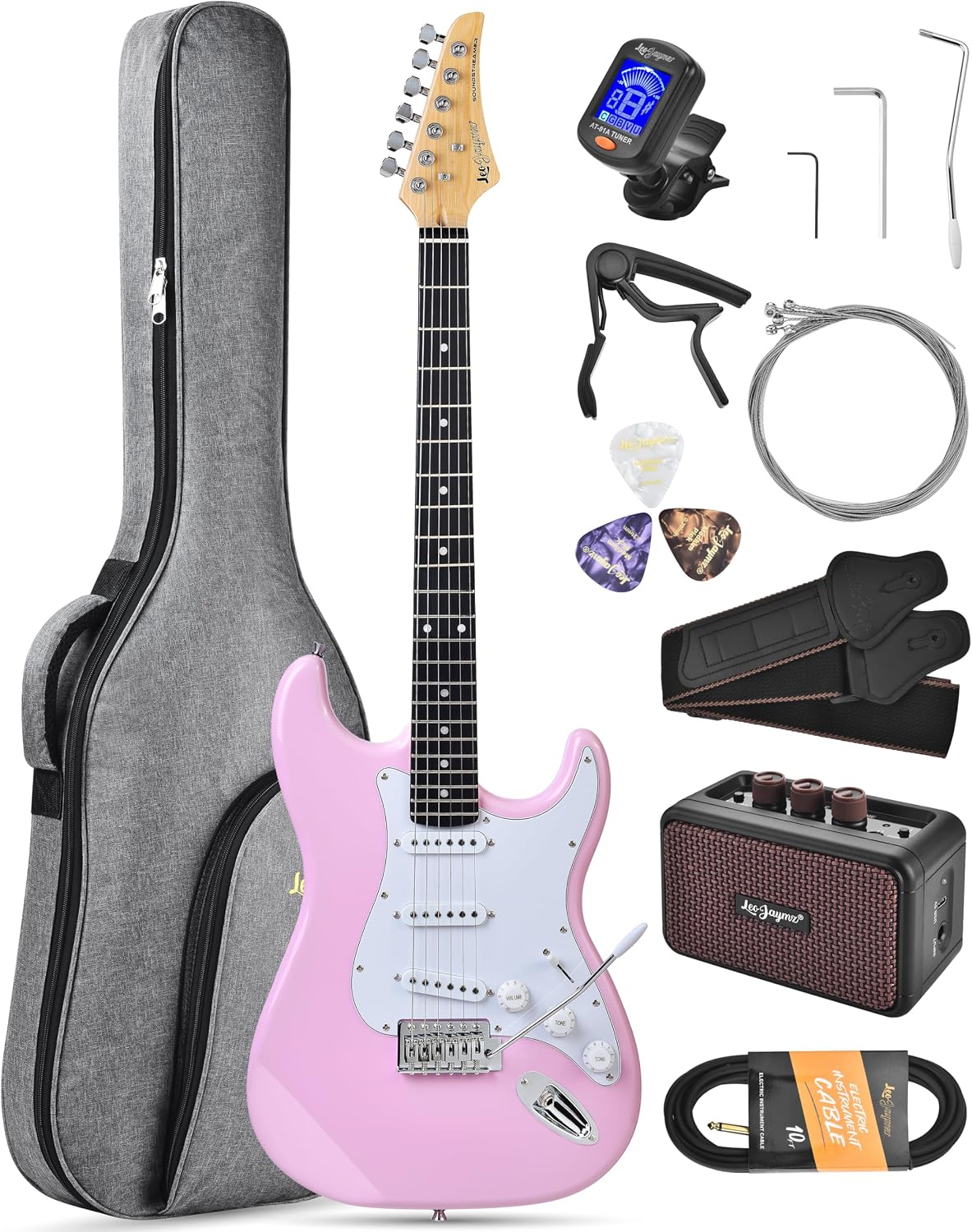 Leo Jaymz Beginner Electric Guitar Complete Kit with Portable Amp, Padded Gig Bag & Full Accessories, Maple Neck SSS Pickups (Pink)