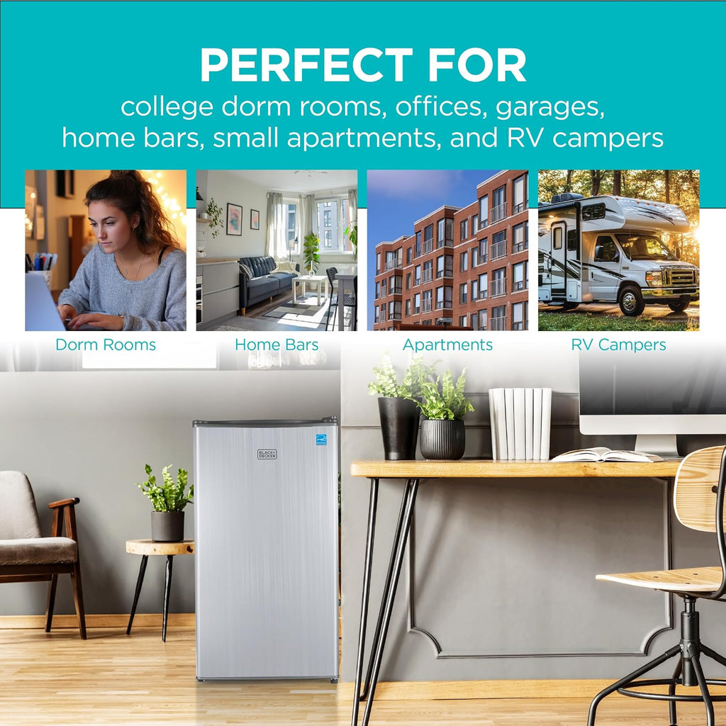BLACK+DECKER 3.2 Cu. Ft. Compact Refrigerator, ENERGY STAR Small Refrigerator, Single Door Mini Fridge with Chiller Compartment, Personal Fridge for Home or Dorm Room, BCRK32V, Stainless Look