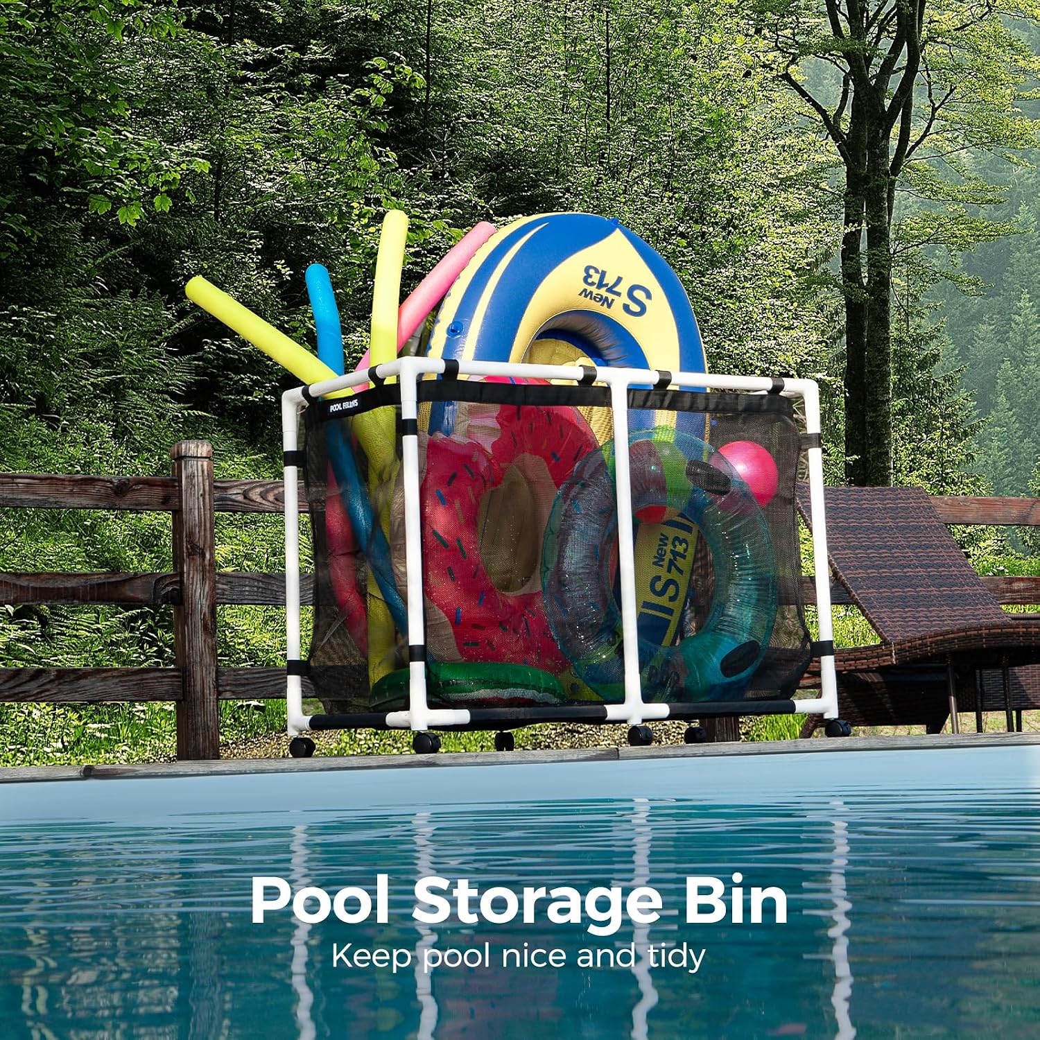 Pool Storage Bin, 105 Gallons, Holder for Noodles, Toys, Floats, Towels, Mesh Organizer for Swimming Equipments, Basic Pro Style