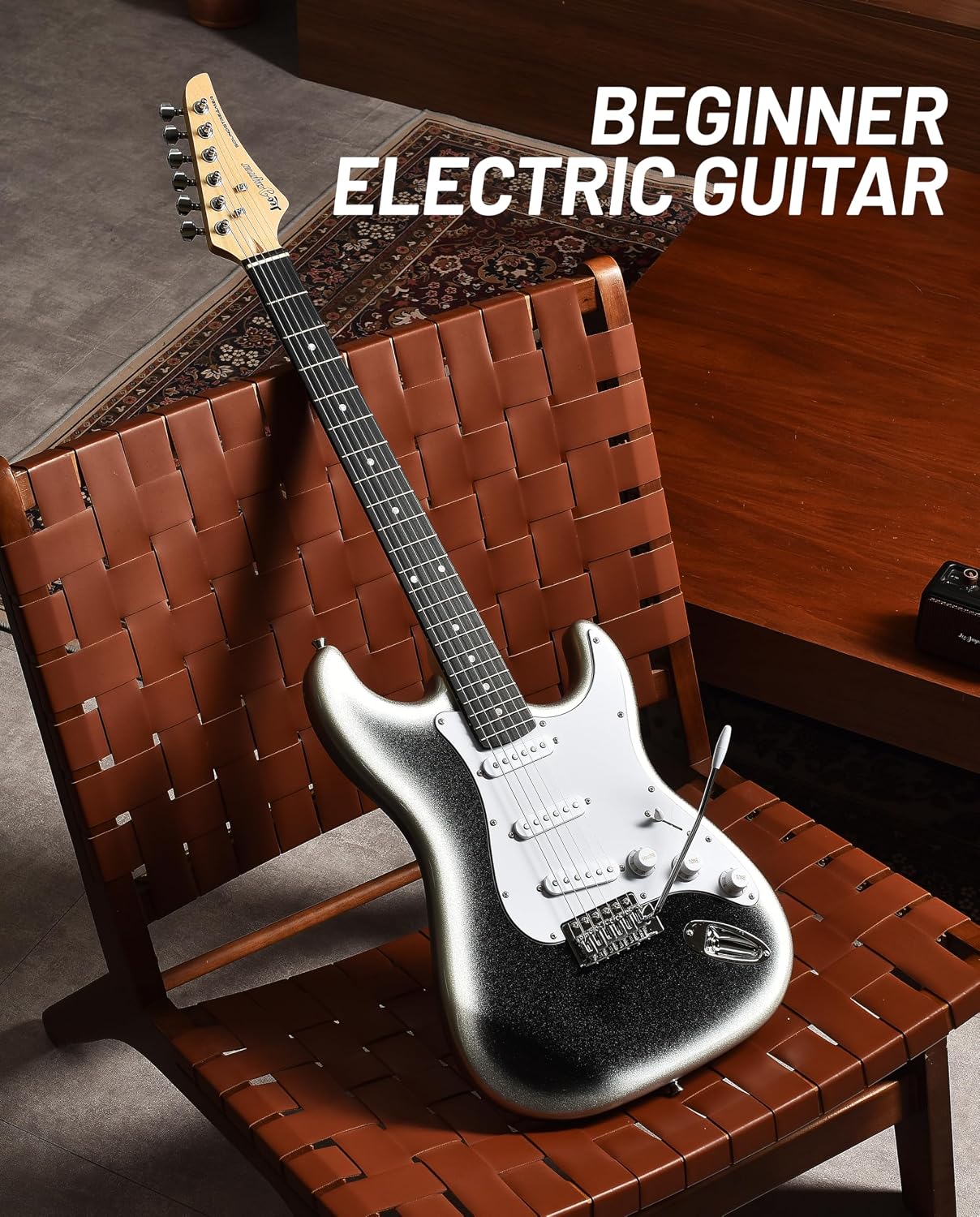 Leo Jaymz Beginner Electric Guitar Complete Kit with Portable Amp, Padded Gig Bag & Full Accessories, Maple Neck SSS Pickups(White-Black Fade)