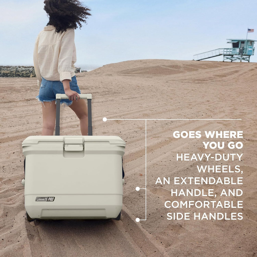 Coleman Pro Heavy-Duty 55qt Wheeled Ultra-Light Premium Hard Cooler, Extra-Thick Insulation Keeps Ice up to 5 Days, 92-Can Capacity, Heavy-Duty Wheels