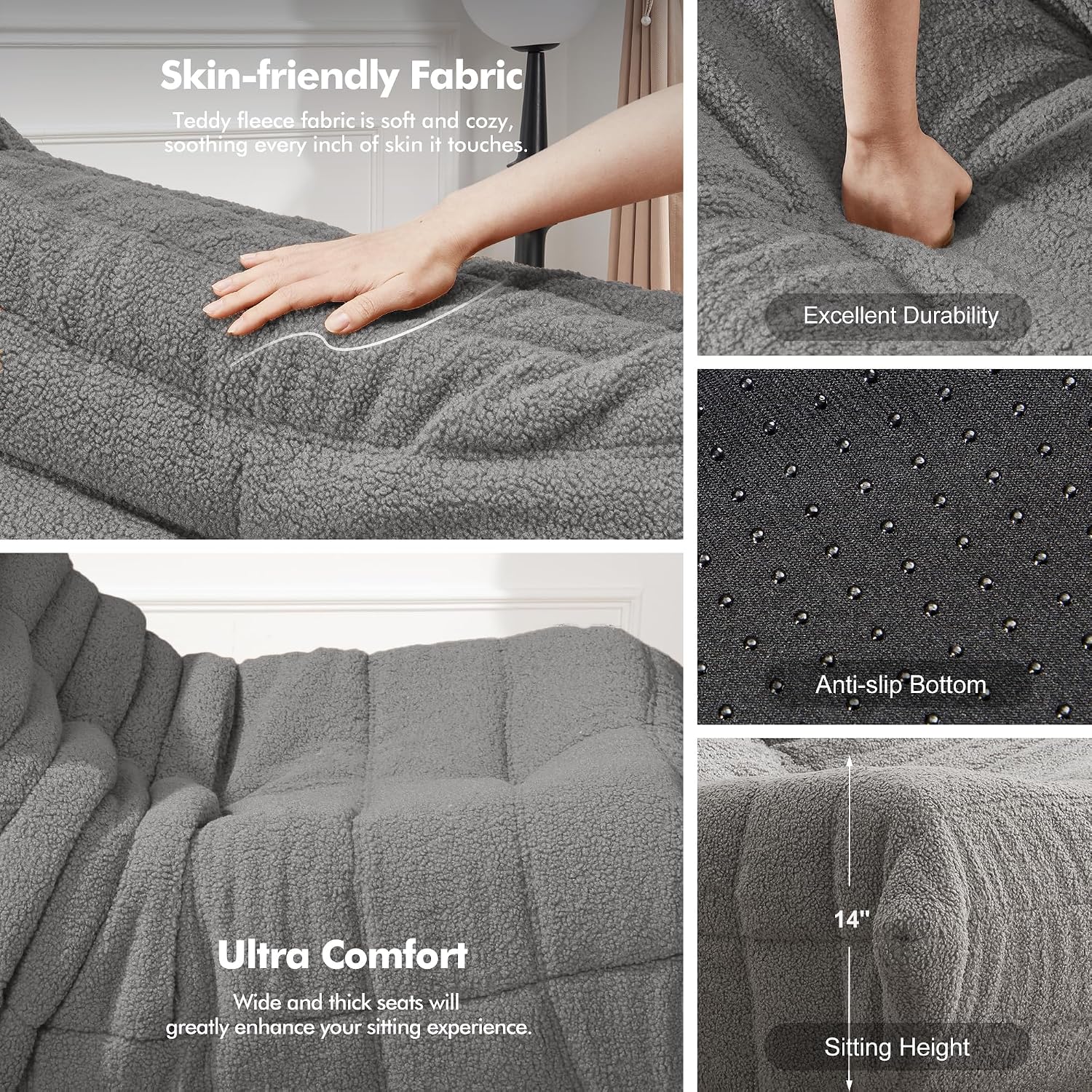 Bean Bag Chair Big Sofa Beanbag Chair for Adults Fireside Chair Bean Bag Lounger with Memory Foam Filled for Home,Apartment or Gaming Venue(Lightgrey Teddy Single)