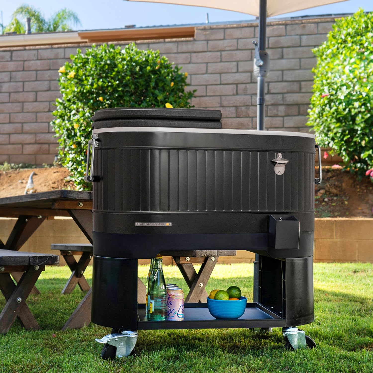 Permasteel Rolling Patio Cooler – Large Outdoor Ice Chest with Wheels, Beverage Cooler for Backyard, BBQ, Tailgate, Beach, Parties, Rustic Farmhouse Design