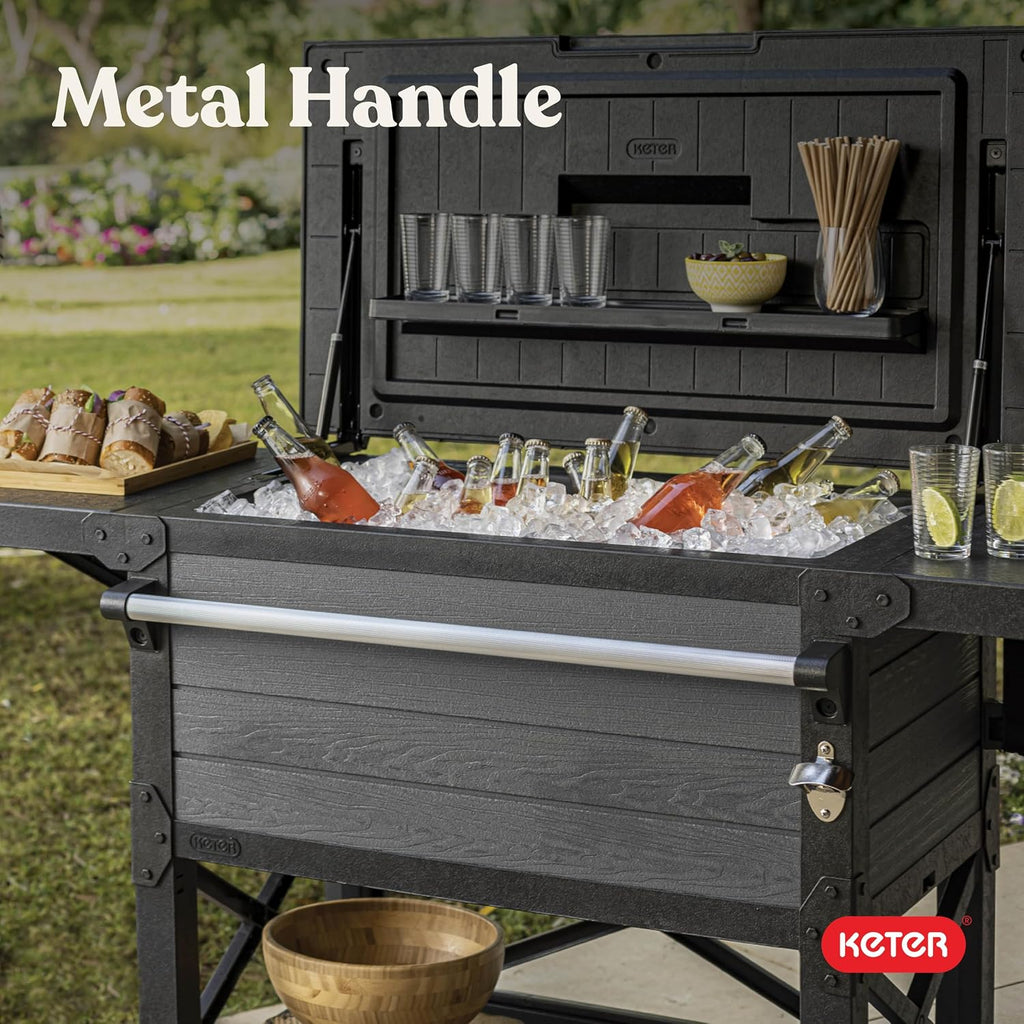 Keter 89.8 Qt Portable Outdoor Patio Cooling Chest, Ice Chest Beverage Party Bar Cart Table with Swivel Wheels, Shelves, and Bottle Opener, Graphite