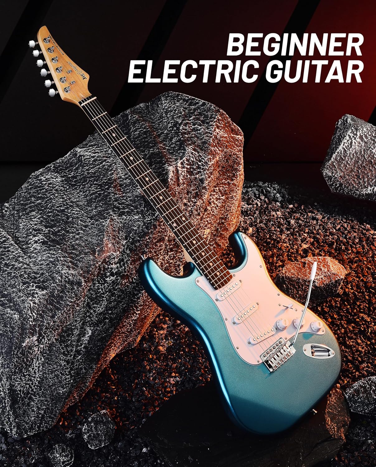 Leo Jaymz Beginner Electric Guitar Complete Kit with Portable Amp, Padded Gig Bag & Full Accessories, Maple Neck SSS Pickups(Blue)