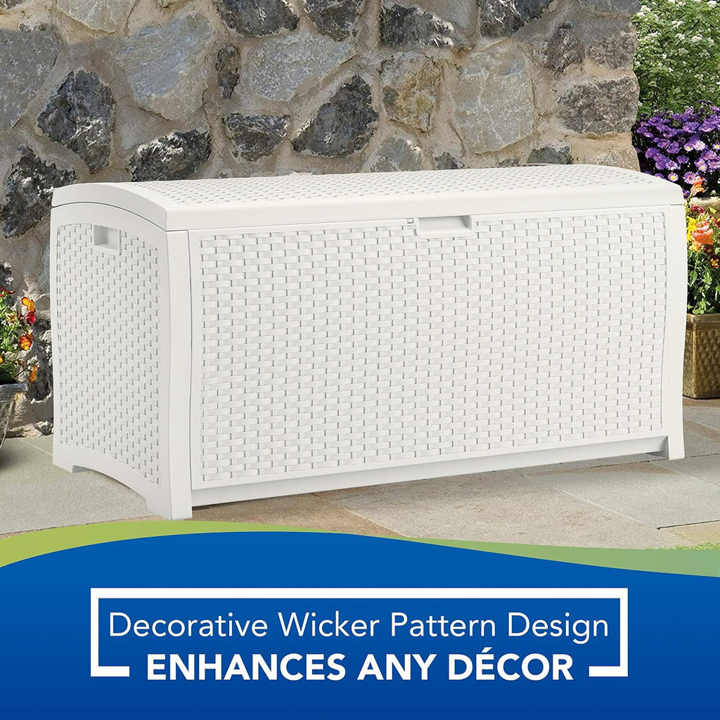 Suncast 99 Gal Resin Wicker Patio Storage Box - Water Resistant Outdoor Storage Container - White & CRAFTSMAN Electric Pressure Washer