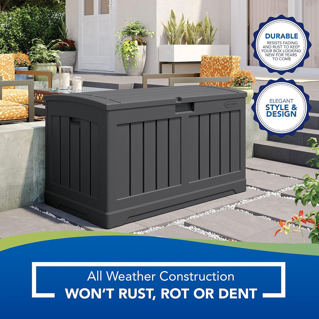 Suncast 50 Gallon Medium Capacity All Weather Construction Resin Outdoor Storage Deck Box with Arched Lid for Patio, Garden, or Pool, Peppercorn | EAST OAK Deck Box, 31 Gallon Indoor and Outdoor Storage Box