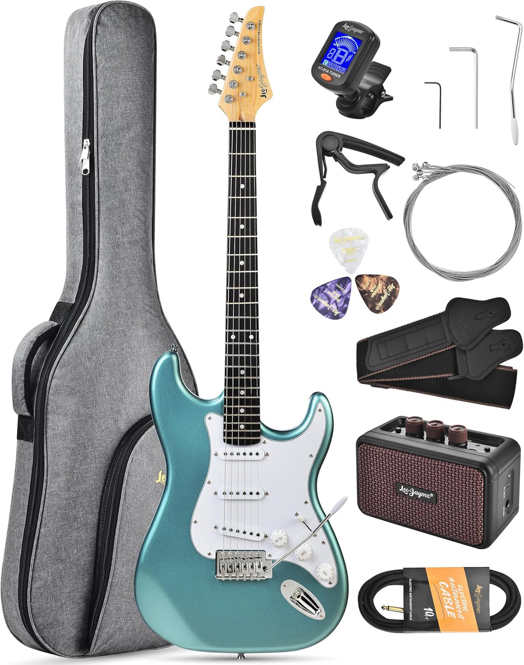 Leo Jaymz Beginner Electric Guitar Complete Kit with Portable Amp, Padded Gig Bag & Full Accessories, Maple Neck SSS Pickups (Cyan)