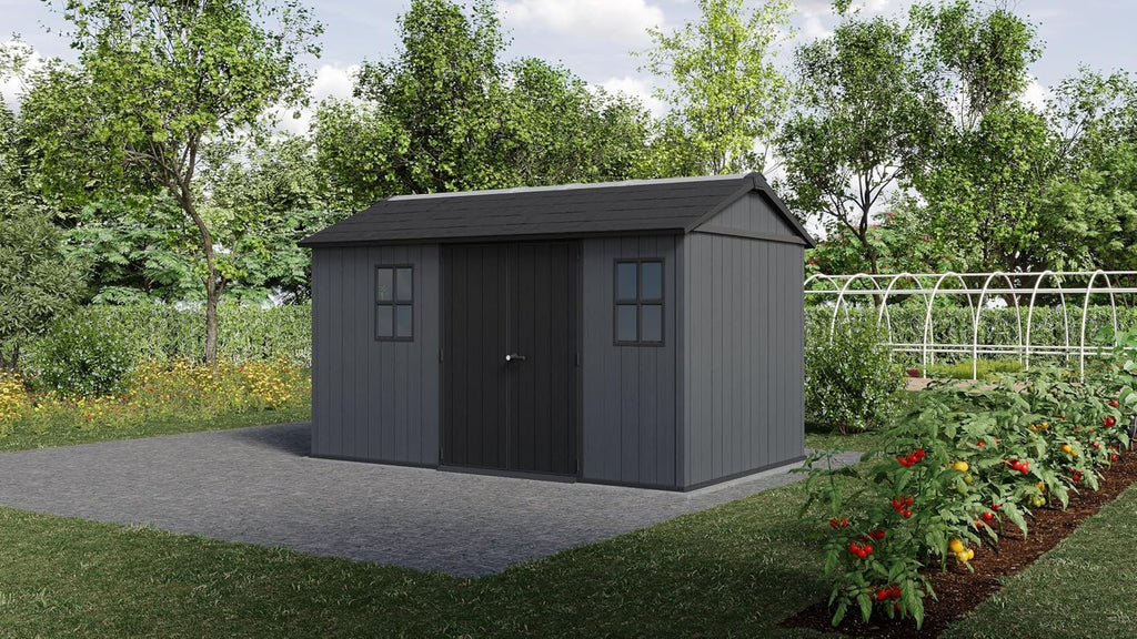 Keter Newton Plus 7.5x13 Ft All-Weather Storage Shed with Skylight, Window, Built-in Ventilation, Customizable Walls, & Lockable Double Doors, Graphite