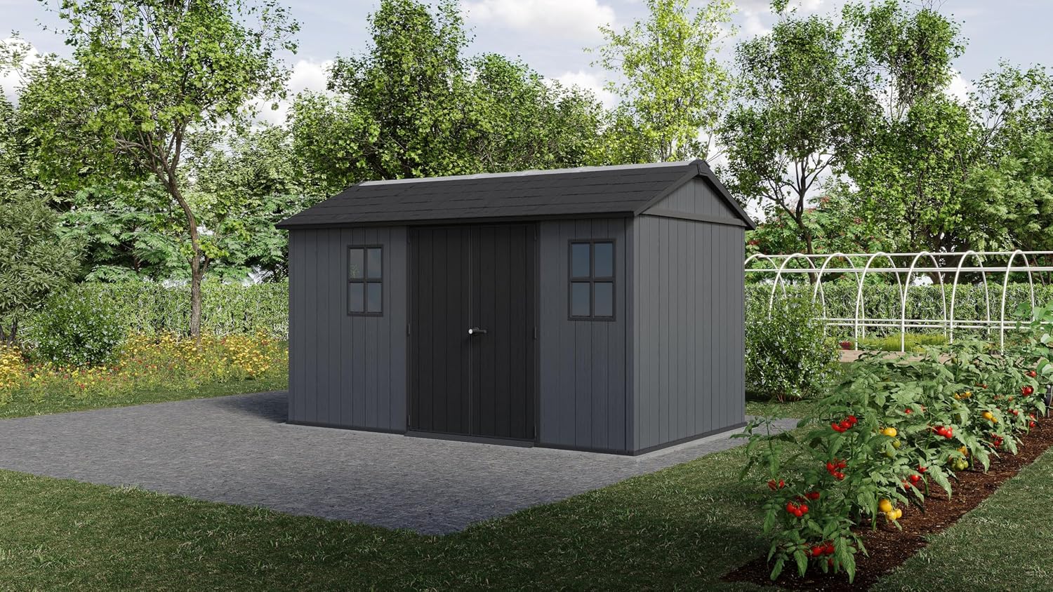 Keter Newton Plus 7.5x13 Ft All-Weather Storage Shed with Skylight, Window, Built-in Ventilation, Customizable Walls, & Lockable Double Doors, Graphite
