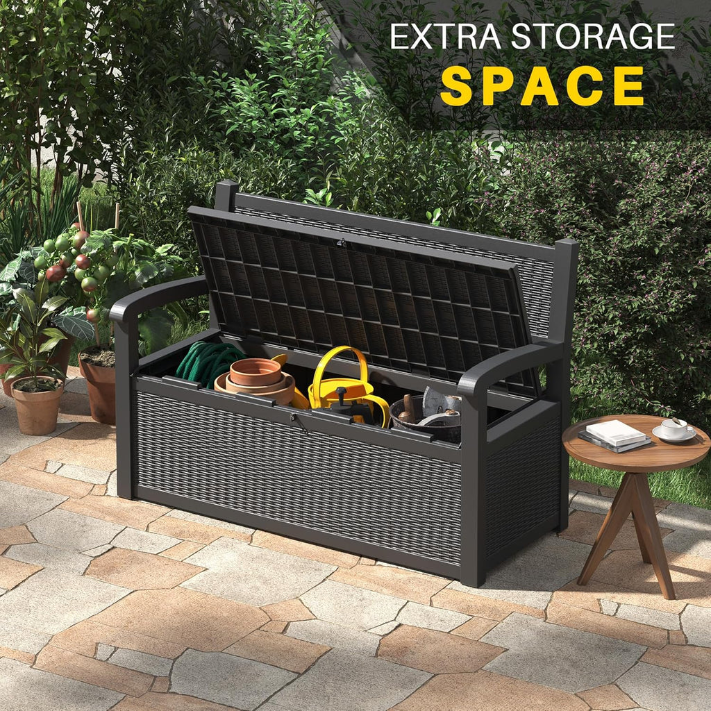 80 Gallon Outdoor Storage Box, Deck Box with Waterproof and UV Resistant, Resin Patio Furniture with Lockable for Garden Tools and Pool Supplies, Black