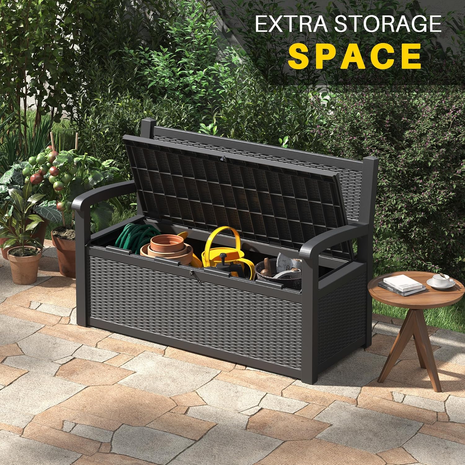 80 Gallon Outdoor Storage Box, Deck Box with Waterproof and UV Resistant, Resin Patio Furniture with Lockable for Garden Tools and Pool Supplies, Black