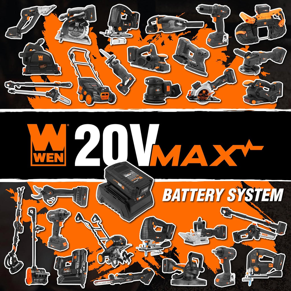 WEN Cordless Planer, Brushless with 3-1/4-Inch Blade, 20V Max 4.0 Ah Lithium-Ion Battery and Charger (20653)