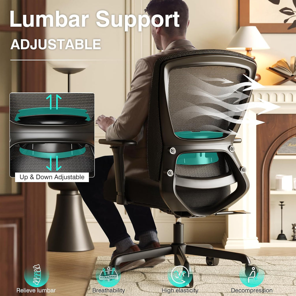 ELABEST Mesh Office Chair,Ergonomic Computer Desk Chair,Sturdy Task Chair- Adjustable Lumbar Support & Armrests,Tilt Function,Comfort Wide Seat,Swivel Home Office Chair (Noir Black (Padded Seat))