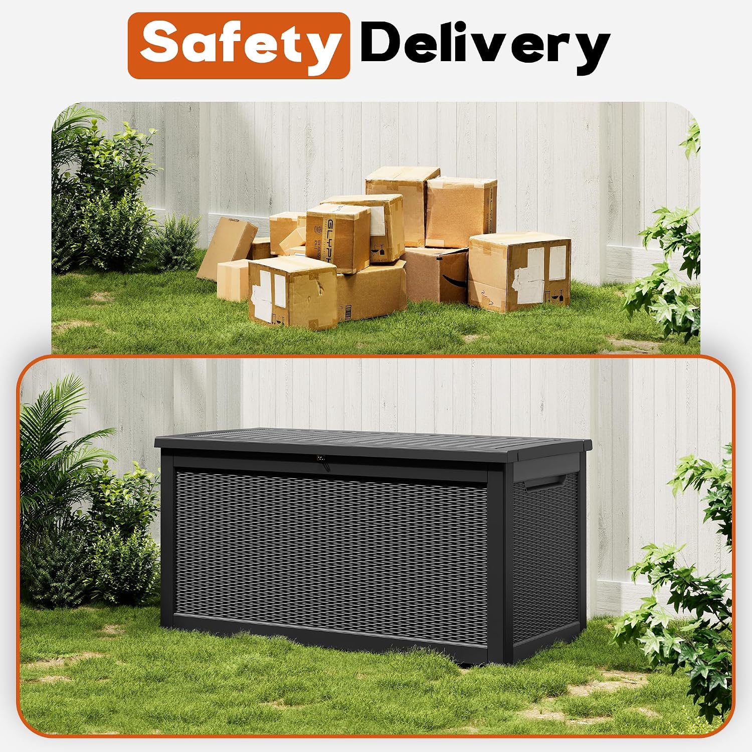 Outdoor Storage Deck Boxes Waterproof, Waterproof and UV Resistant Outdoor Storage Box Lockable Lid for Delivery Box, Indoor, Garden Tools, Pool Supplies, Patio (Black, 300 Gallon)
