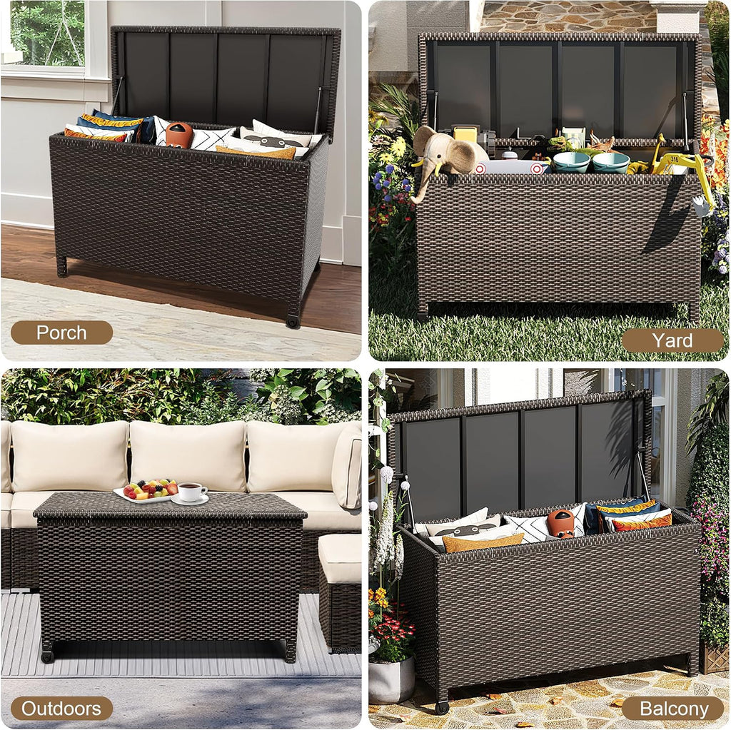 125 Gallon Outdoor Storage Box with Wheels - Large Wicker Rattan Deck Box for Patio Cushions, Garden Tools, Pool Floats & Pillows, All-Weather Patio Furniture Storage, Brown