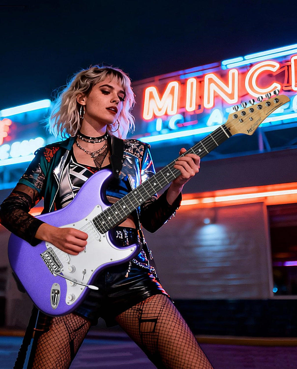 Leo Jaymz Beginner Electric Guitar Complete Kit with Portable Amp, Padded Gig Bag & Full Accessories, Maple Neck SSS Pickups(Purple)